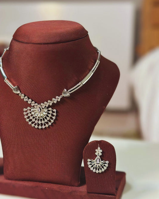 Silver Tone Crystal Peacock Fan Necklace Set 'Mayil' – With Love, Bashi