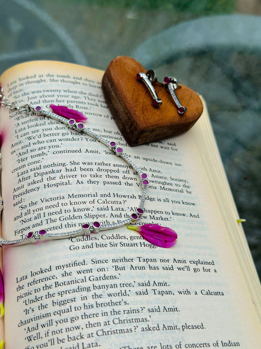 Bristhi: Ruby And Silver- Plated Necklace Set