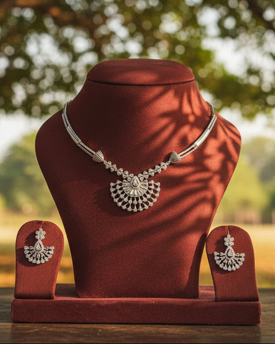 Silver Tone Crystal Peacock Fan Necklace Set 'Mayil' – With Love, Bashi