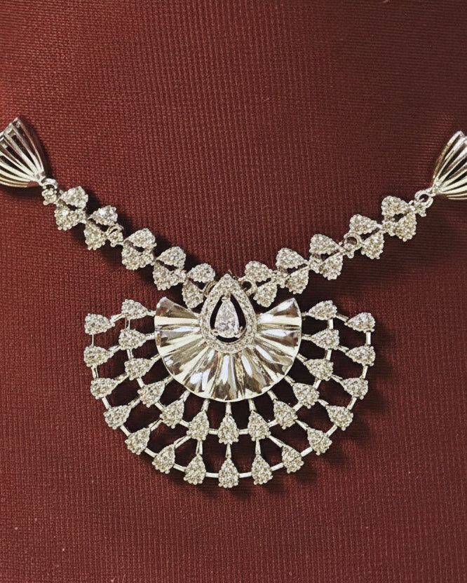 Silver Tone Crystal Peacock Fan Necklace Set 'Mayil' – With Love, Bashi