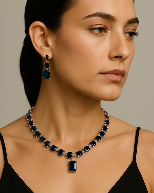 Neelam: Sapphire Square-Cut Silver-Plated Set