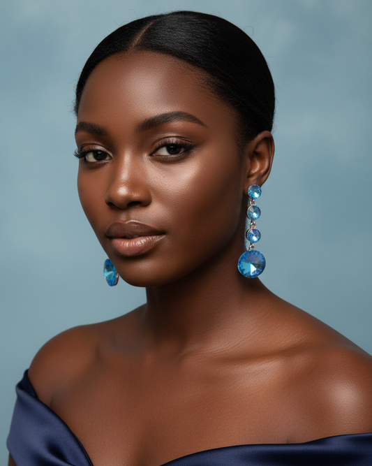 Blue Crystal Earrings on Black Model