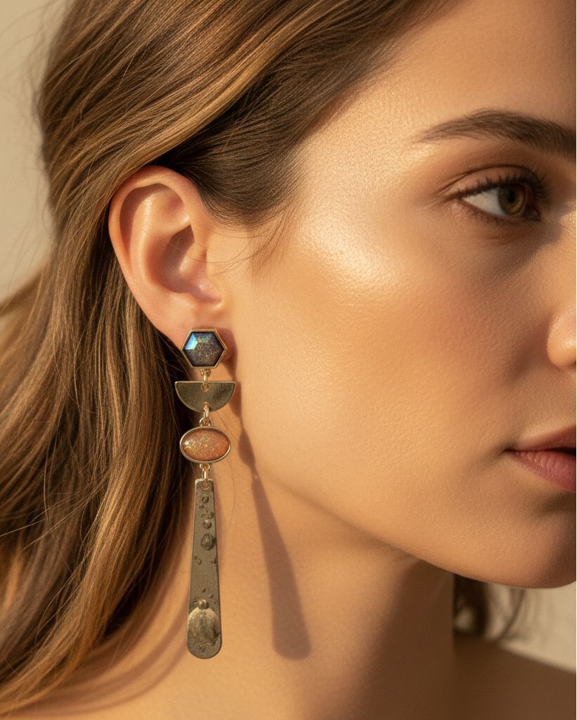 Boho Gold Bar Earrings on Model