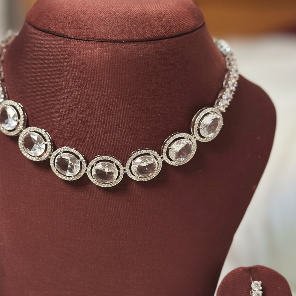 Close-up Detail Shot – Diamond Crystal Necklace & Earring Set