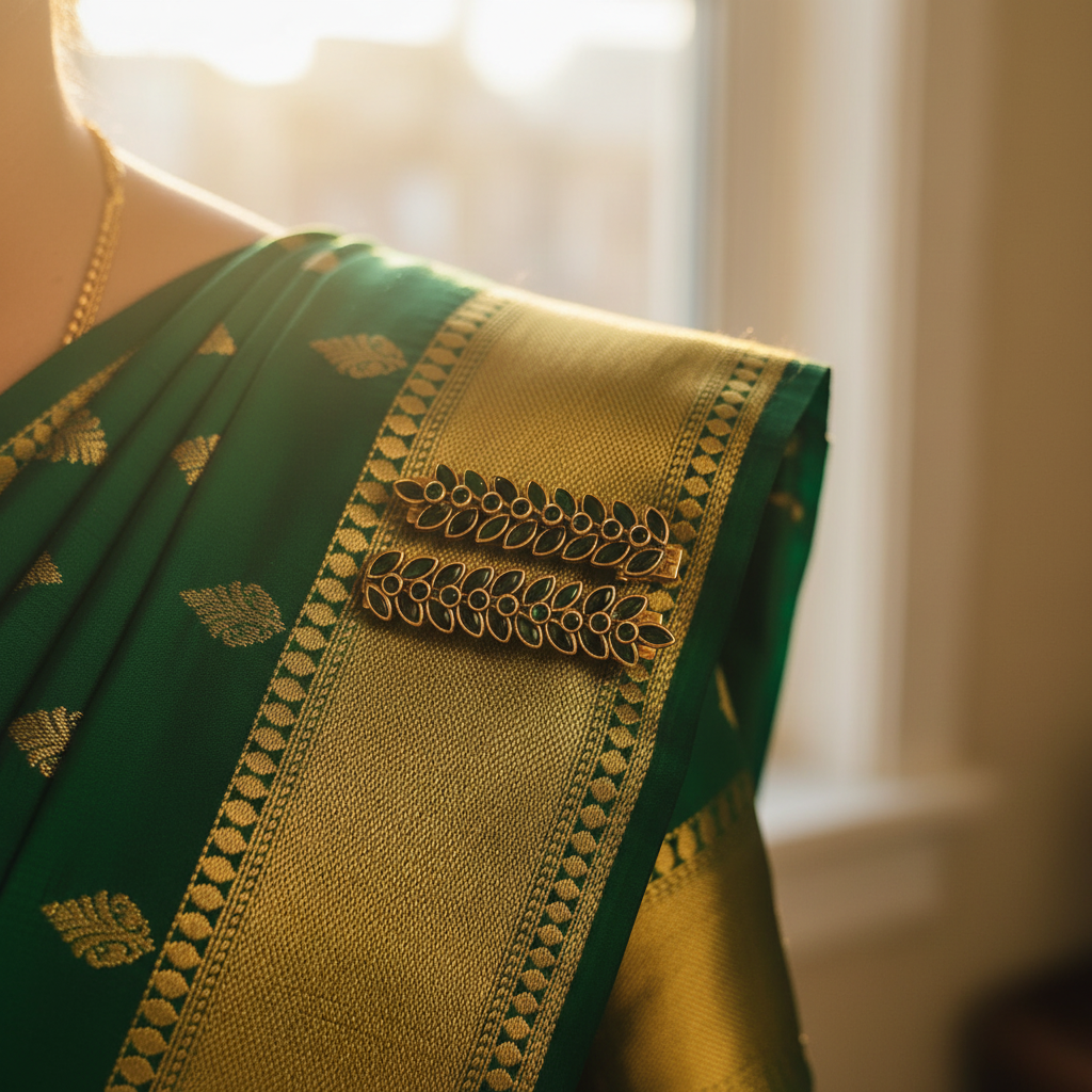 Emerald Clips on Kanjivaram Saree