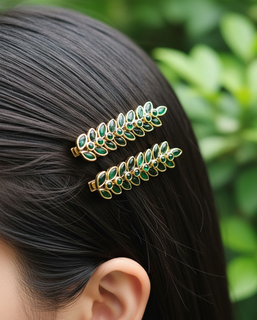 Emerald Leaf Clips in Hair