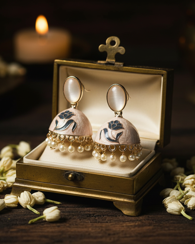 Ivory Meenakari Jhumka in Vintage Brass Box