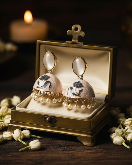 Ivory Meenakari Jhumka in Vintage Brass Box