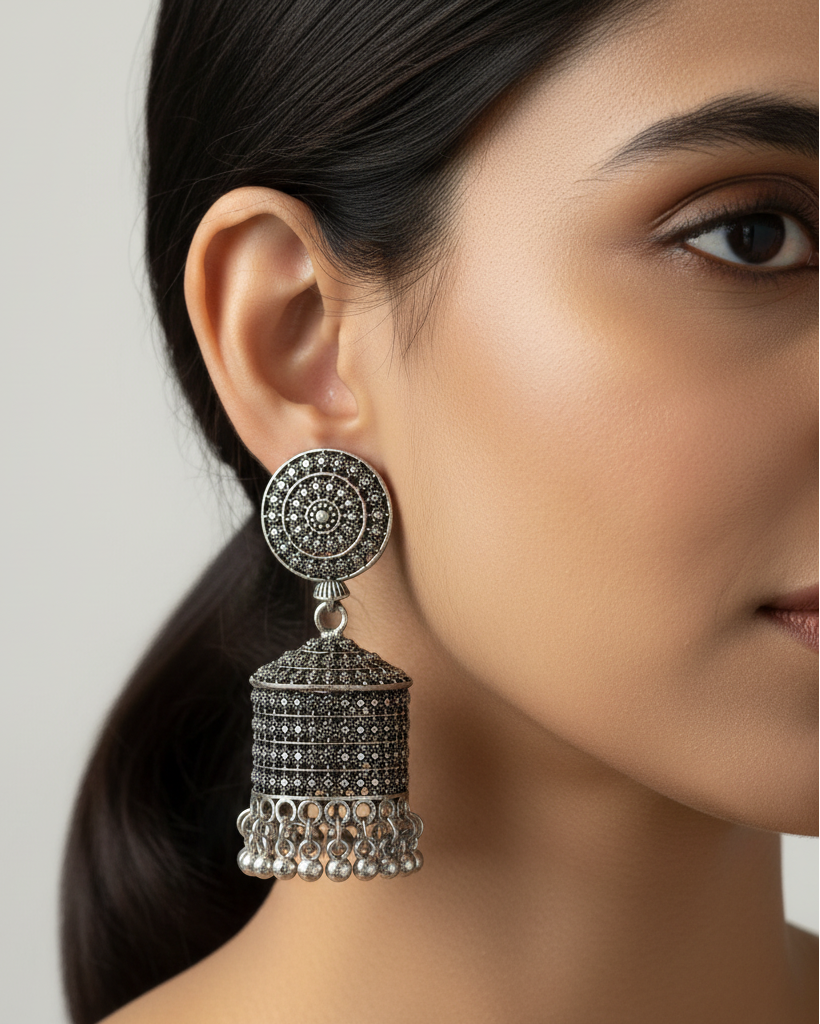Silver-Toned Oxidised Jhumka Earrings with Ghungroo Drops