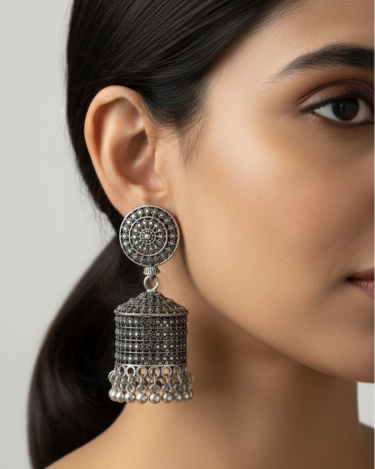 Silver-Toned Oxidised Jhumka Earrings with Ghungroo Drops