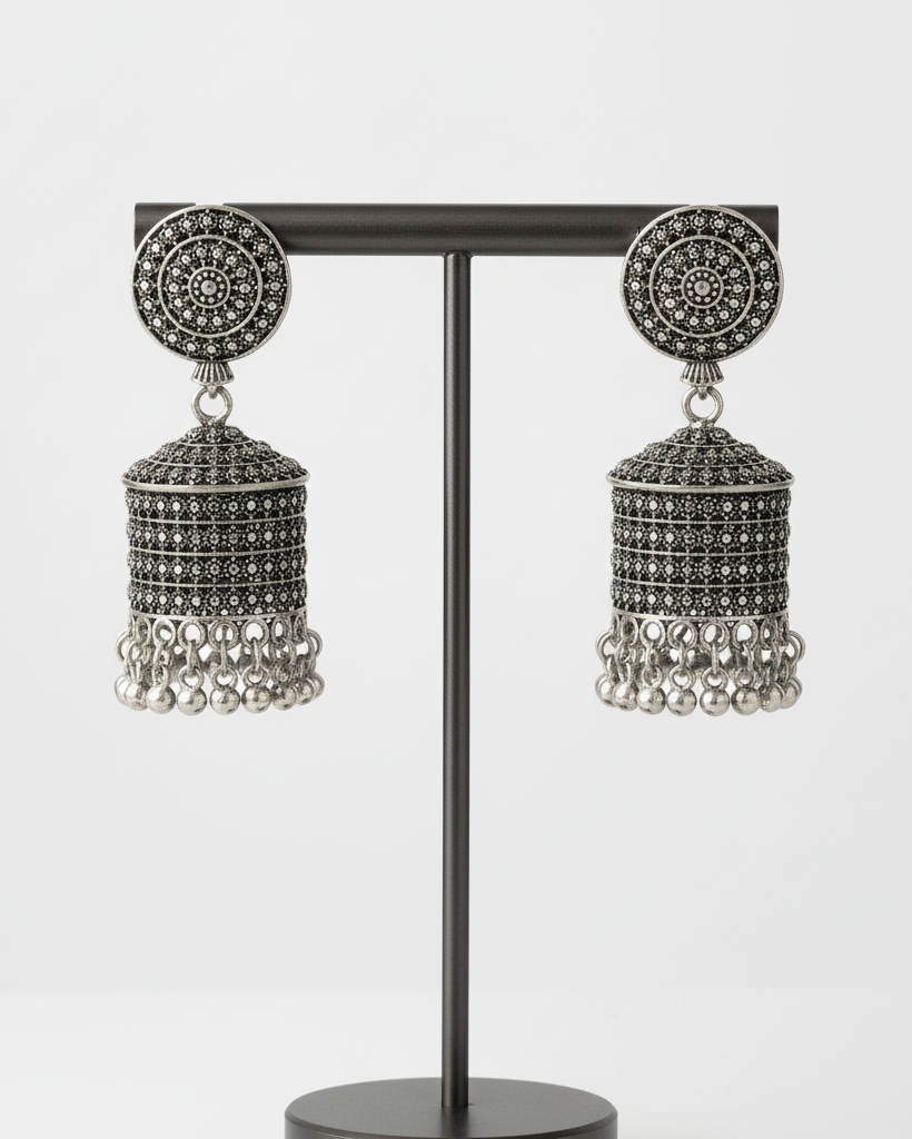 Silver-Toned Oxidised Jhumka Earrings with Ghungroo Drops