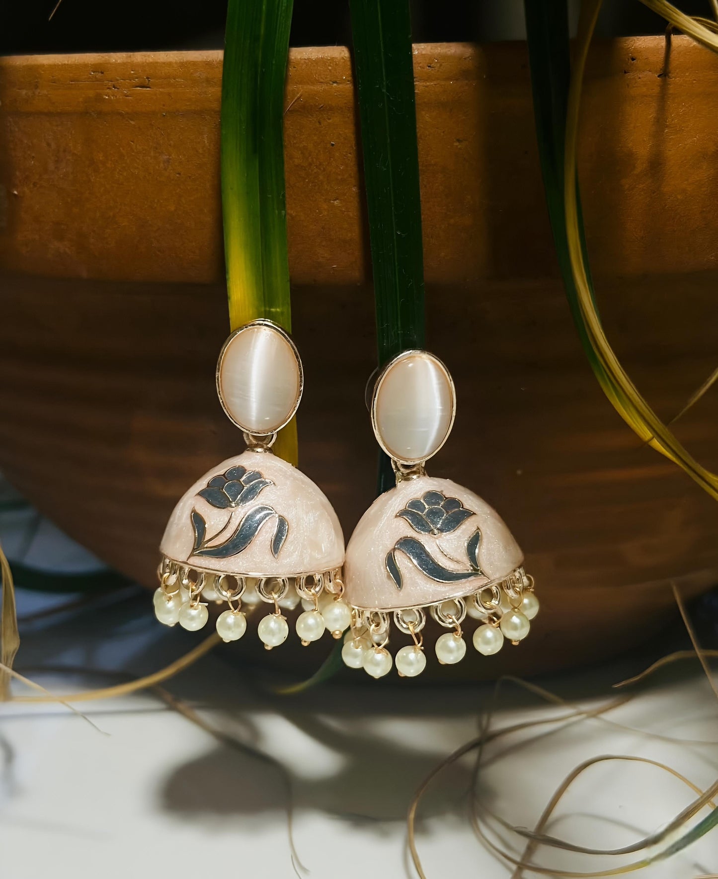 Ivory Meenakari Lotus Jhumka Earrings with Pearl Drops – With Love, Bashi