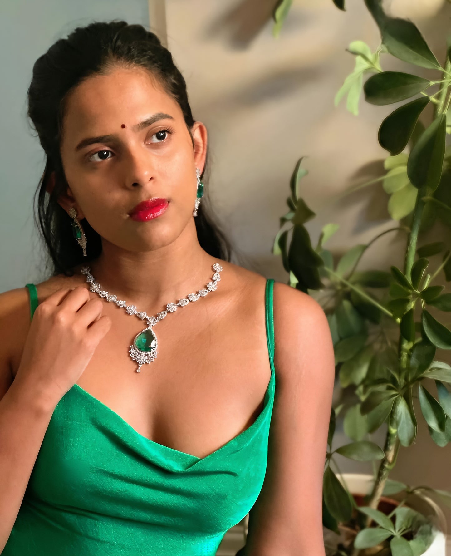 Advika: Emerald And Silver- Plated Jewellery Set