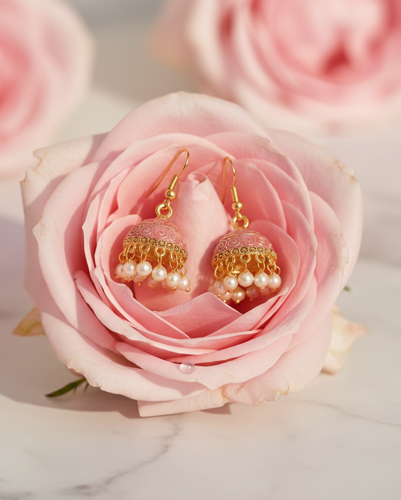 Small Pink Meenakari Jhumka in Rose