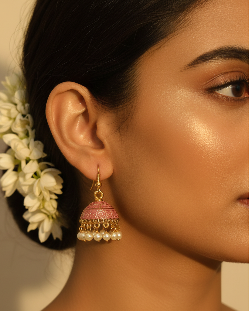 Small Pink Meenakari Jhumka on Model
