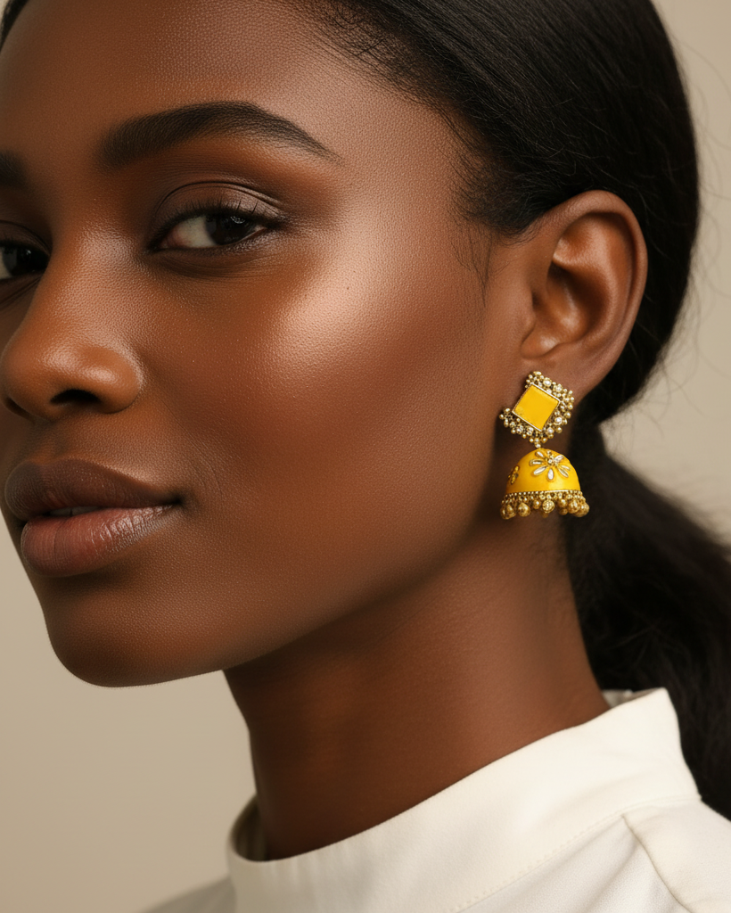 Yellow Meenakari Jhumka Corrected on Model